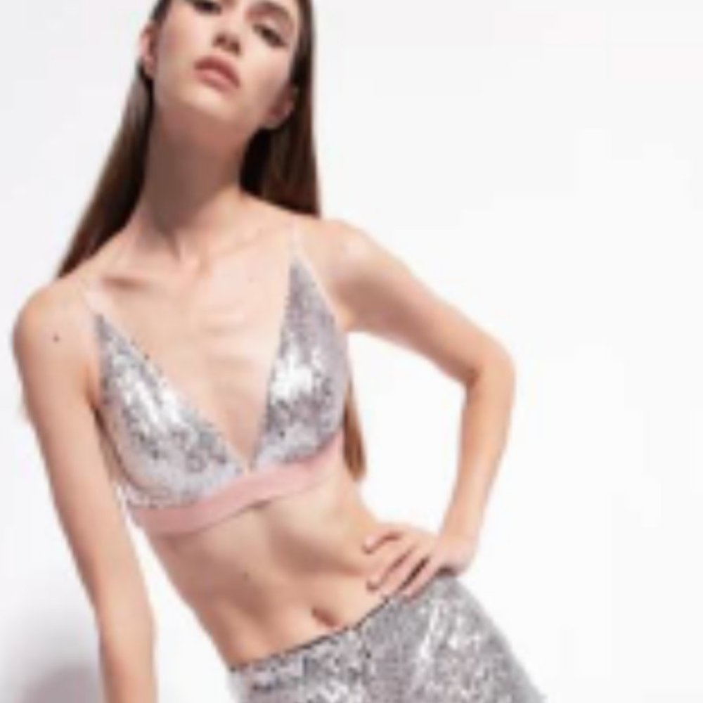 PINKO SILVER SEQUIN BRA AND PANTS SET - NEVER WORN, BRAND NEW!!
